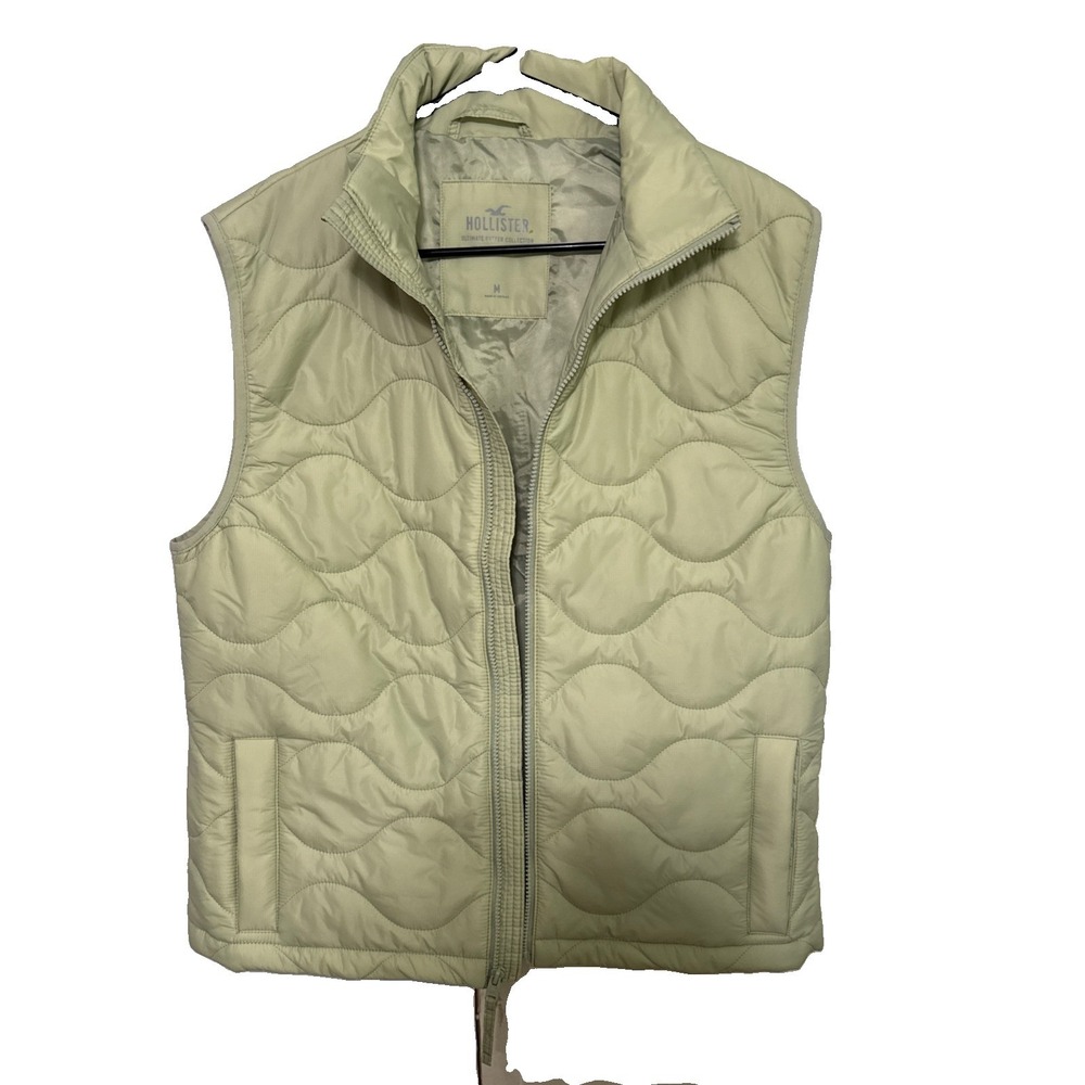 Hollister Men's Green Quilted Puffer Vest Full Zip Stand-Up Collar Size M